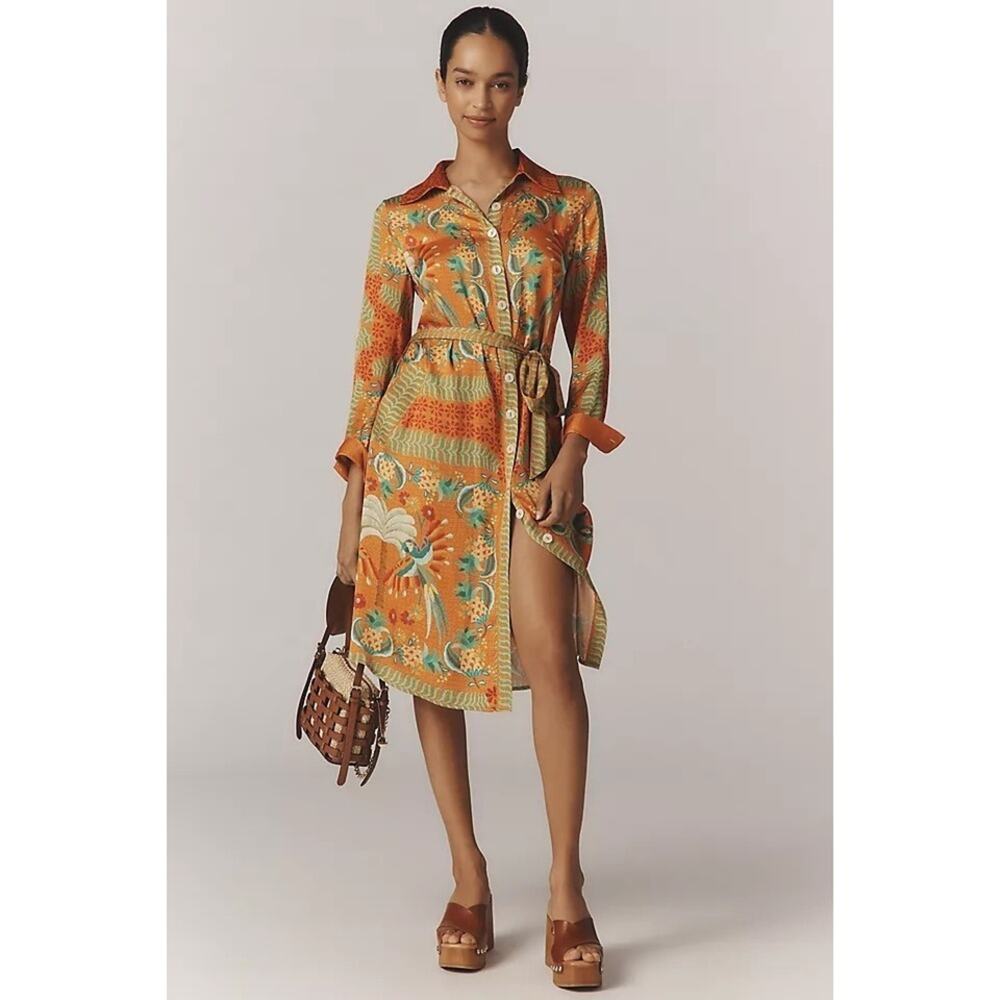 Farm Rio Multicolor Tropical Bird Print Button Front Shirt Dress Midi Belted - Picture 1 of 4
